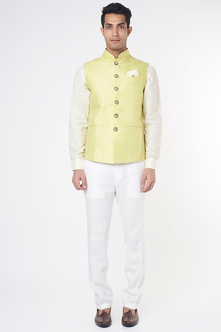 Lime Linen Bundi Jacket With Pant Set by Nero by Shaifali & Satya