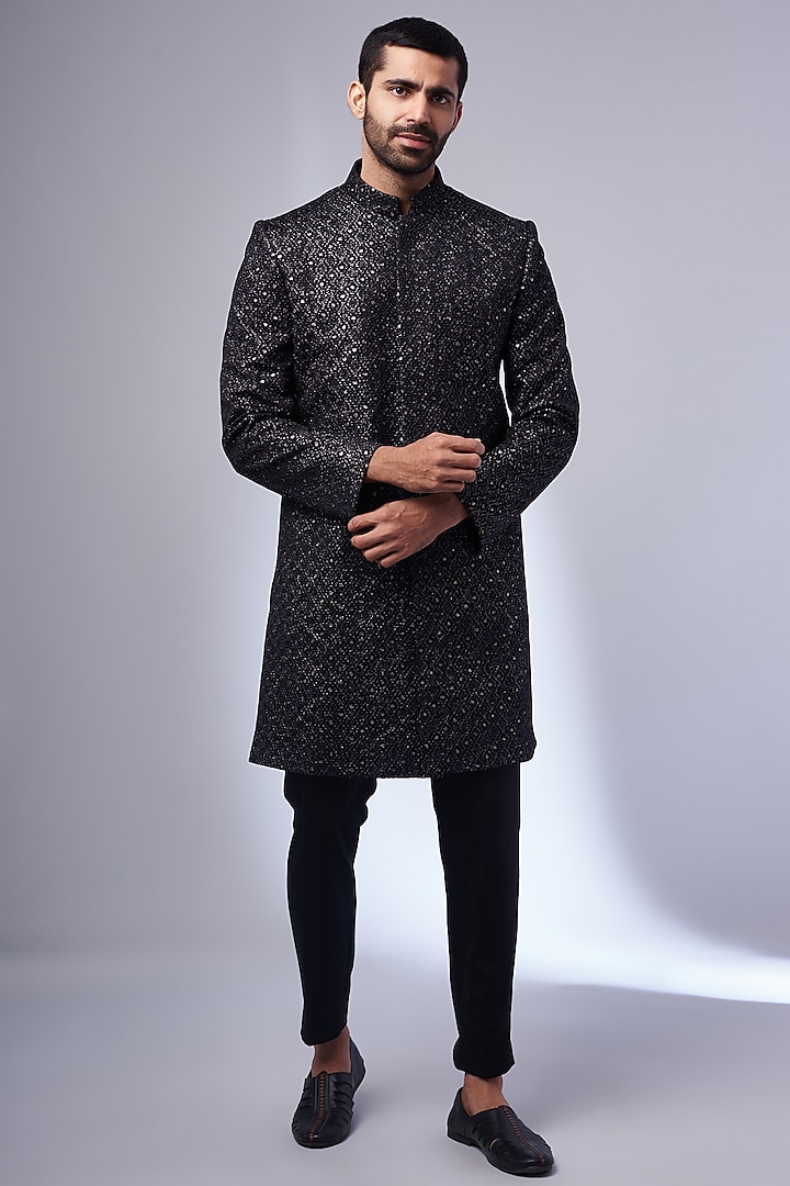 Black Textured Satin Nawabi Sherwani Set by Nero by Shaifali & Satya