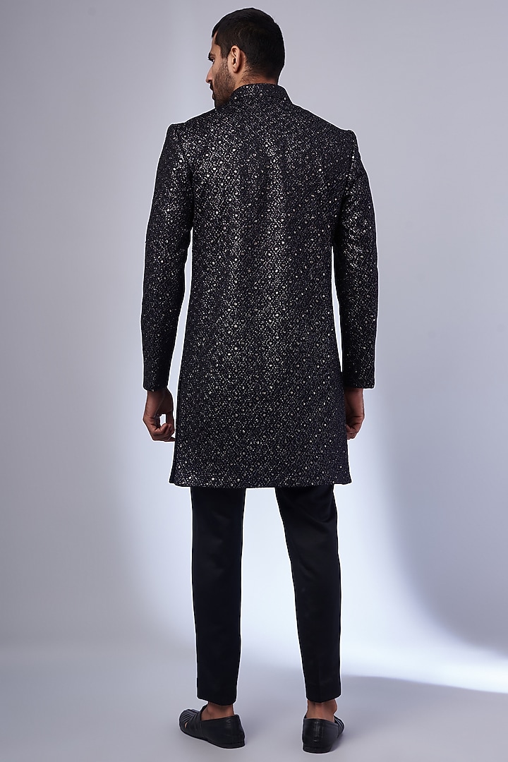 Black Textured Satin Nawabi Wedding Sherwani Set by Nero by Shaifali & Satya at Pernia's Pop Up Shop