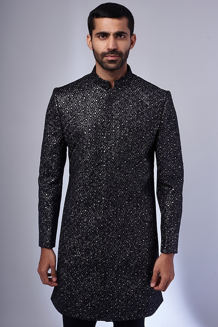 Black Textured Satin Nawabi Wedding Sherwani Set by Nero by Shaifali & Satya at Pernia's Pop Up Shop