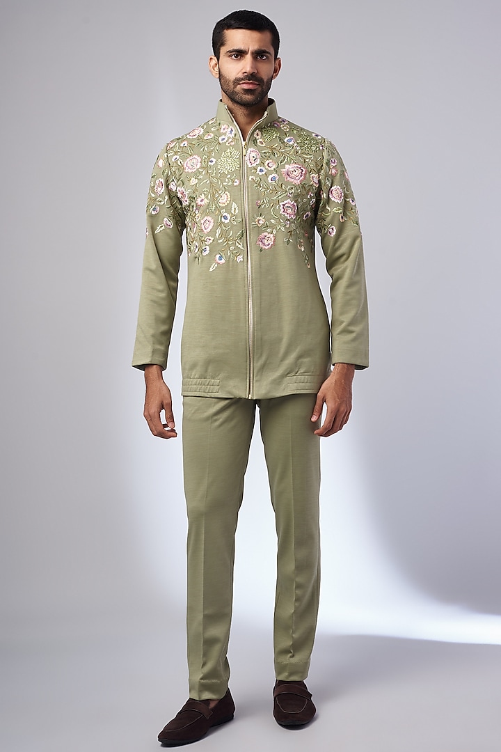 Green Suiting Embroidered Bomber Jacket Set by Nero by Shaifali & Satya
