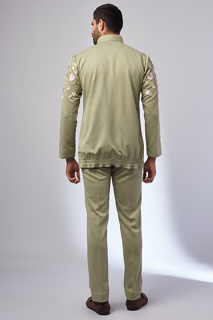 Green Suiting Embroidered Bomber Jacket Set by Nero by Shaifali & Satya at Pernia's Pop Up Shop