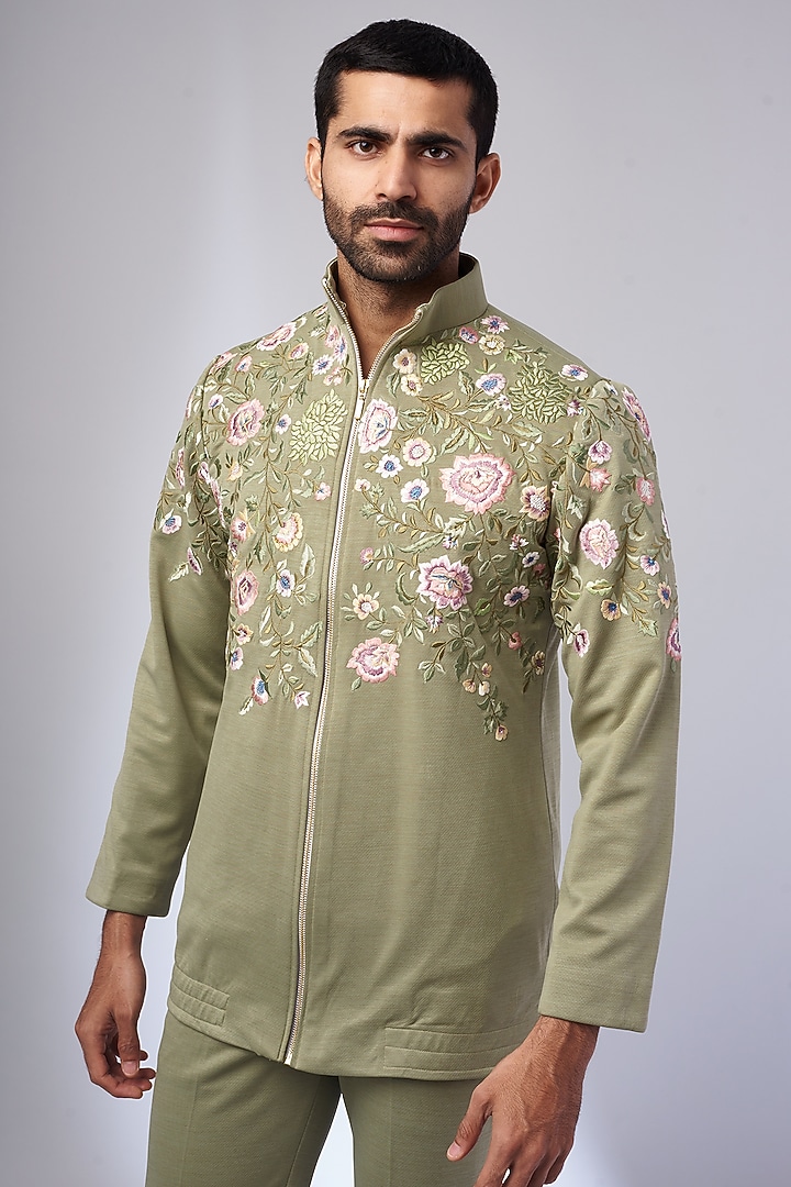 Green Suiting Embroidered Bomber Jacket Set by Nero by Shaifali & Satya at Pernia's Pop Up Shop