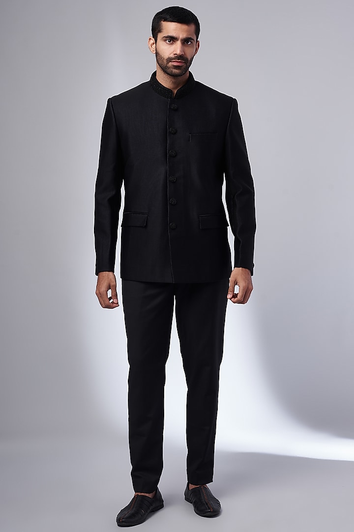 Black Suiting Textured Bandhgala Set by Nero by Shaifali & Satya