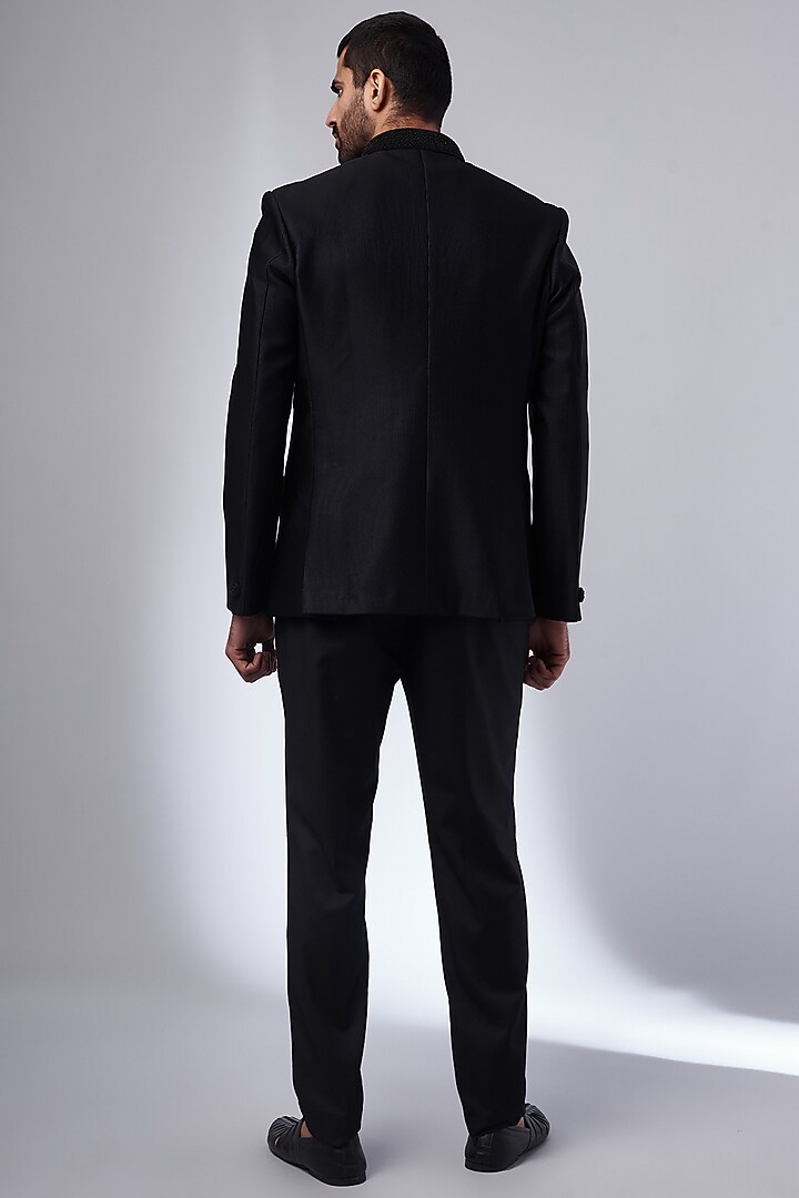 Black Suiting Textured Jodhpuri Set by Nero by Shaifali & Satya at Pernia's Pop Up Shop