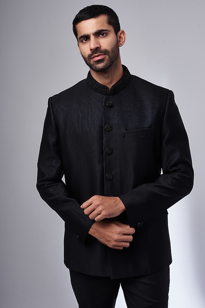 Black Suiting Textured Jodhpuri Set by Nero by Shaifali & Satya at Pernia's Pop Up Shop