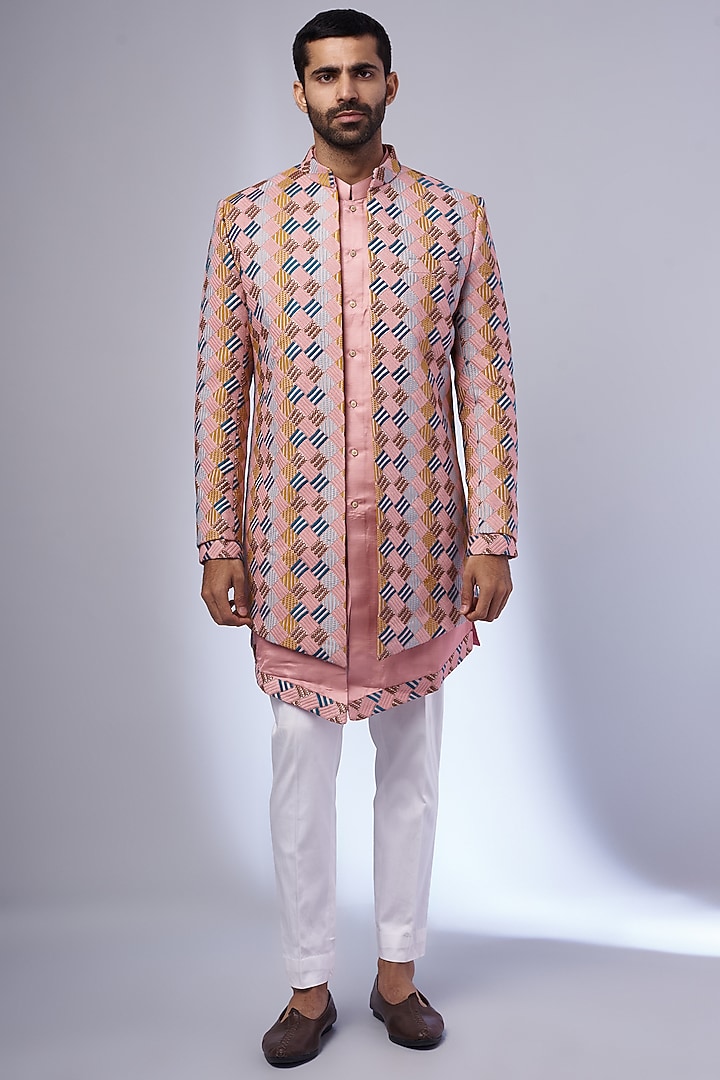 Pink Silk Embroidered Wedding Indowestern Set by Nero by Shaifali & Satya at Pernia's Pop Up Shop