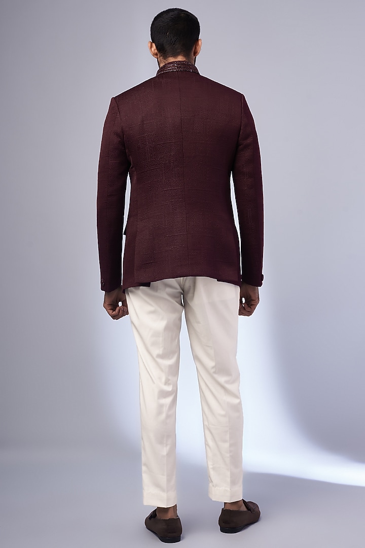 Maroon Jacquard Suiting Jodhpuri Wedding Bandhgala Set by Nero by Shaifali & Satya at Pernia's Pop Up Shop