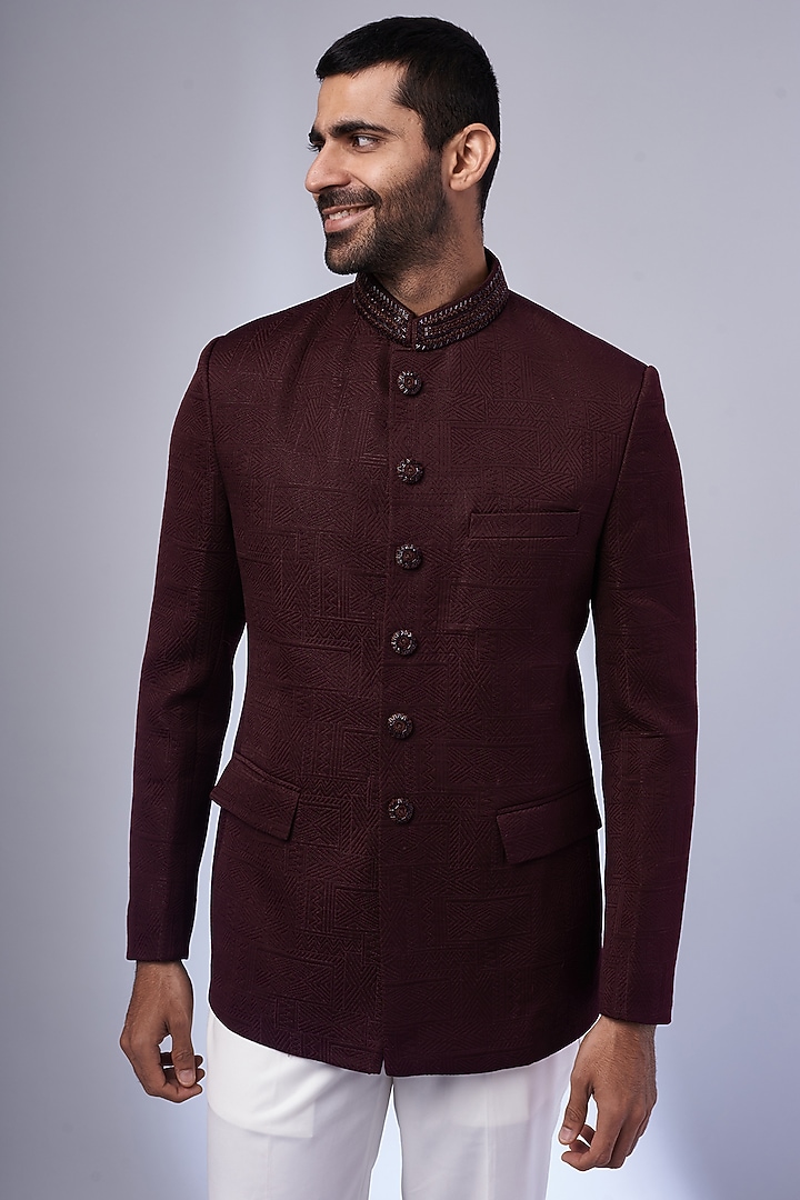 Maroon Jacquard Suiting Jodhpuri Wedding Bandhgala Set by Nero by Shaifali & Satya at Pernia's Pop Up Shop