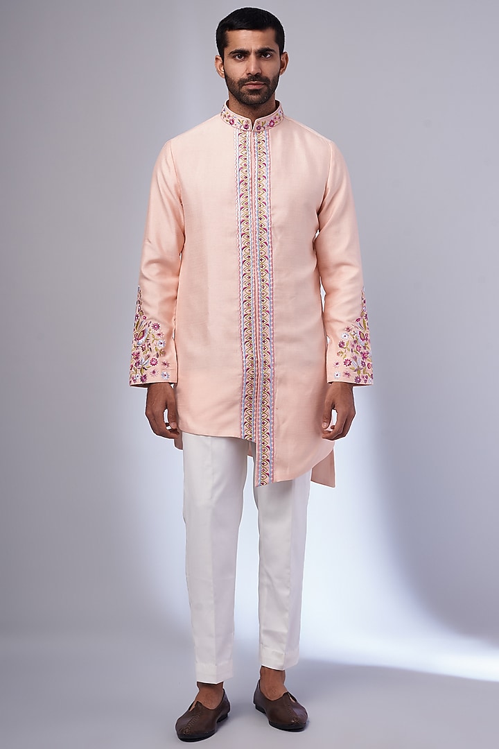 Peach Dupion Silk Embroidered Kurta Set by Nero by Shaifali & Satya at Pernia's Pop Up Shop