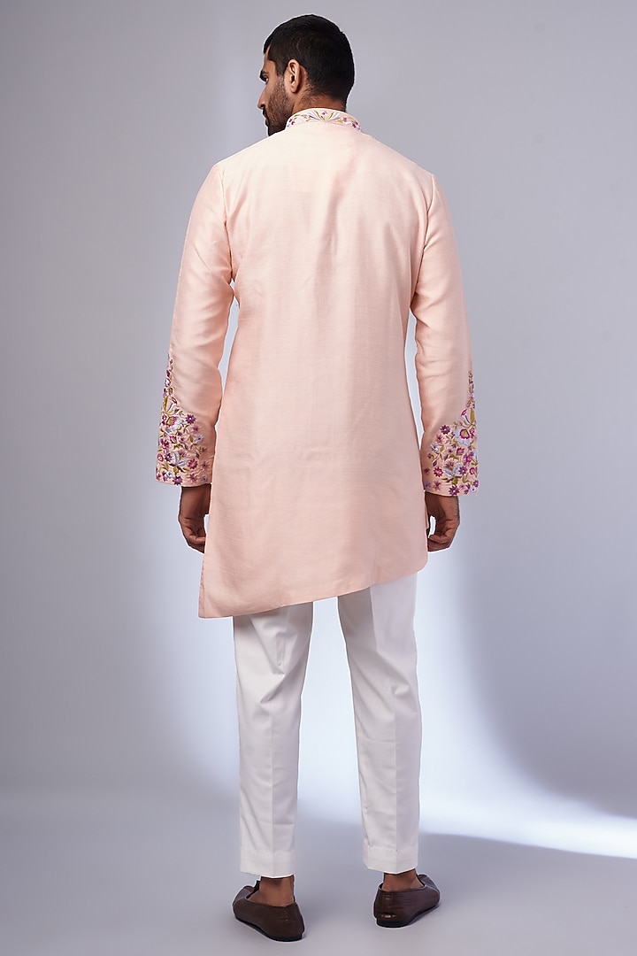 Peach Dupion Silk Embroidered Kurta Set by Nero by Shaifali & Satya at Pernia's Pop Up Shop