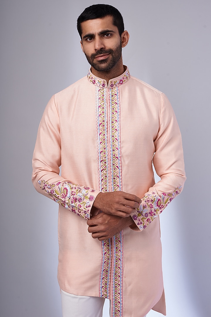Peach Dupion Silk Embroidered Kurta Set by Nero by Shaifali & Satya at Pernia's Pop Up Shop