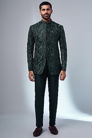 Green Suiting Jodhpuri Bandhgala Set by Nero by Shaifali & Satya
