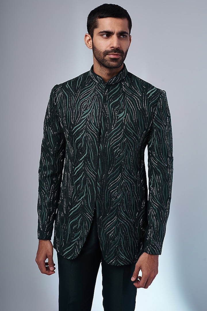 Green Suiting Jodhpuri Wedding Bandhgala Set by Nero by Shaifali & Satya at Pernia's Pop Up Shop
