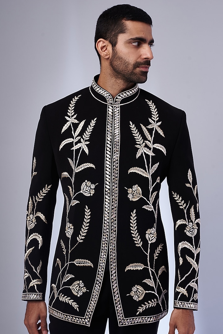 Black Boomario Embroidered Jodhpuri Wedding Bandhgala Set by Nero by Shaifali & Satya at Pernia's Pop Up Shop