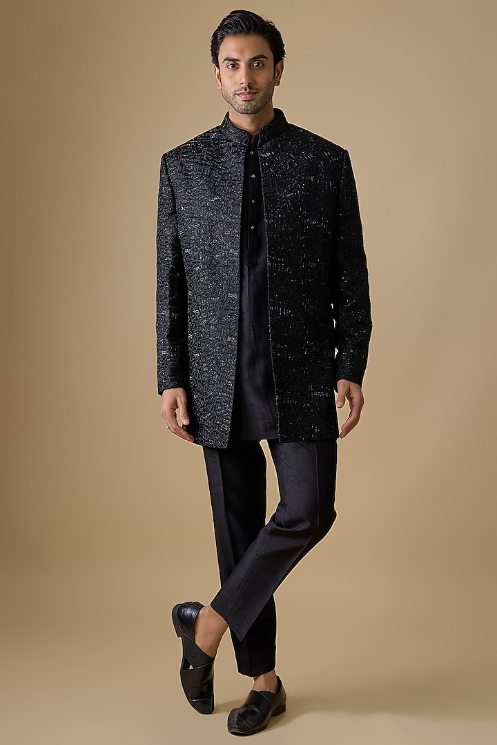 Black Lucknowi & Silk Indowestern Set by Nero by Shaifali & Satya