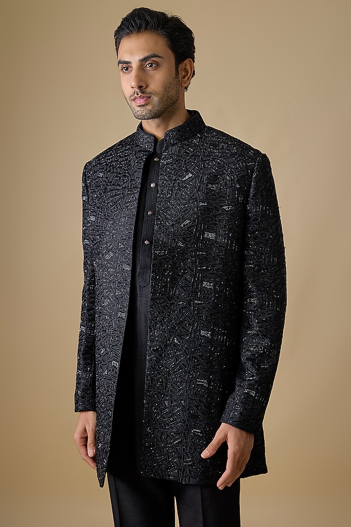 Black Lucknowi & Silk Wedding Indowestern Set by Nero by Shaifali & Satya at Pernia's Pop Up Shop