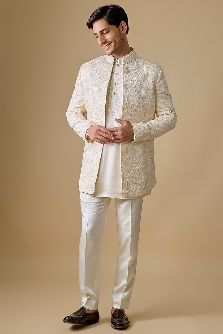 Ivory Lucknowi & Silk Indowestern Set by Nero by Shaifali & Satya