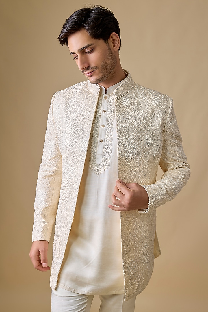 Ivory Lucknowi & Silk Wedding Indowestern Set by Nero by Shaifali & Satya at Pernia's Pop Up Shop