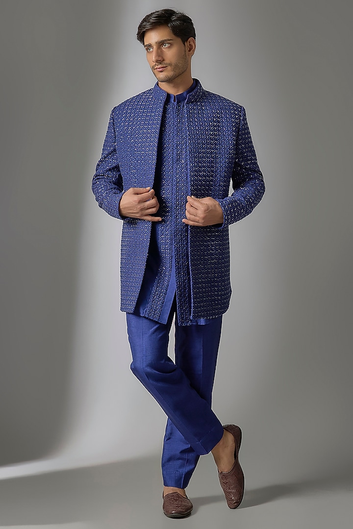 Blue Silk Wedding Indowestern Set by Nero By Shaifali & Satya at Pernia's Pop Up Shop