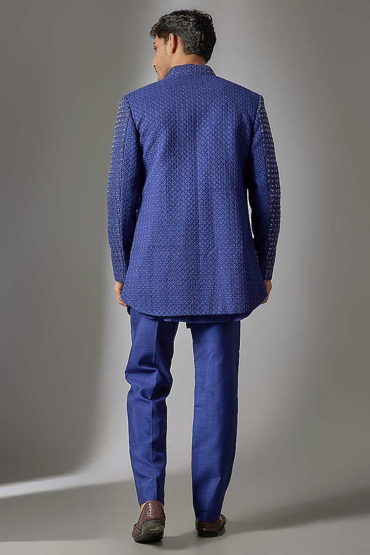 Blue Silk Wedding Indowestern Set by Nero By Shaifali & Satya at Pernia's Pop Up Shop