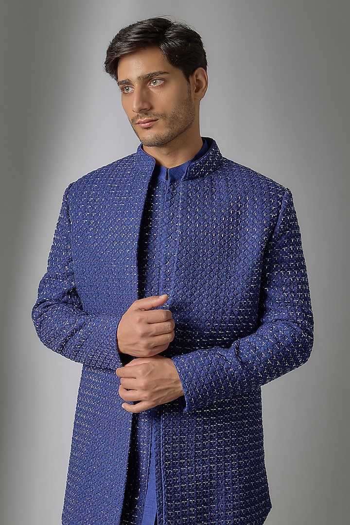 Blue Silk Wedding Indowestern Set by Nero By Shaifali & Satya at Pernia's Pop Up Shop