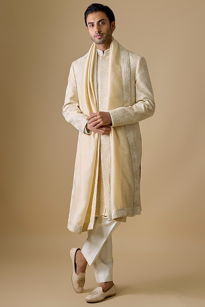 Beige Silk Sherwani Set by Nero by Shaifali & Satya