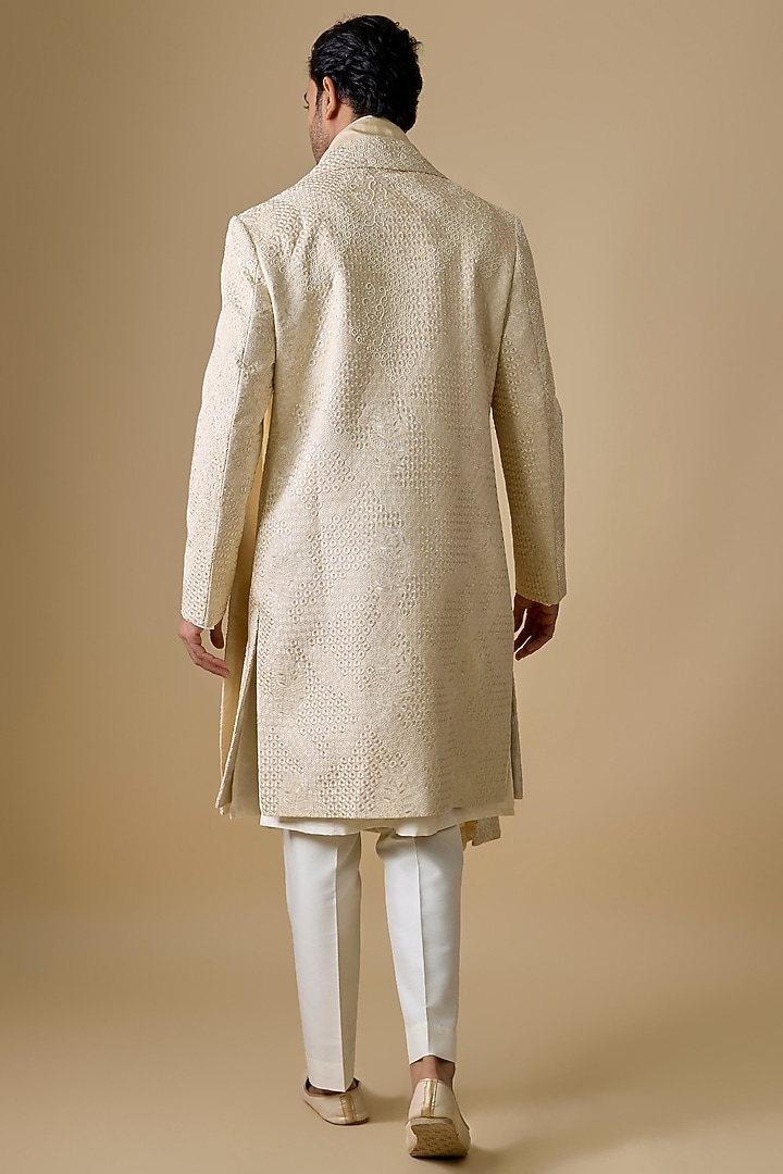 Beige Silk Groom Sherwani Set by Nero by Shaifali & Satya at Pernia's Pop Up Shop