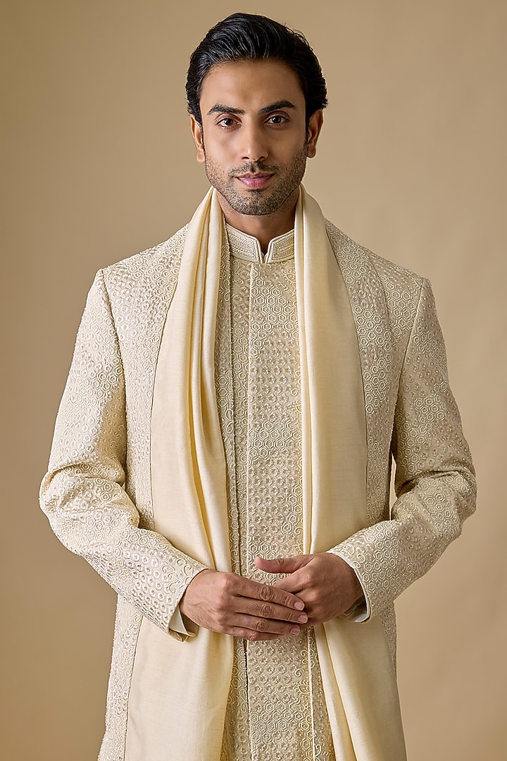 Beige Silk Groom Sherwani Set by Nero by Shaifali & Satya at Pernia's Pop Up Shop