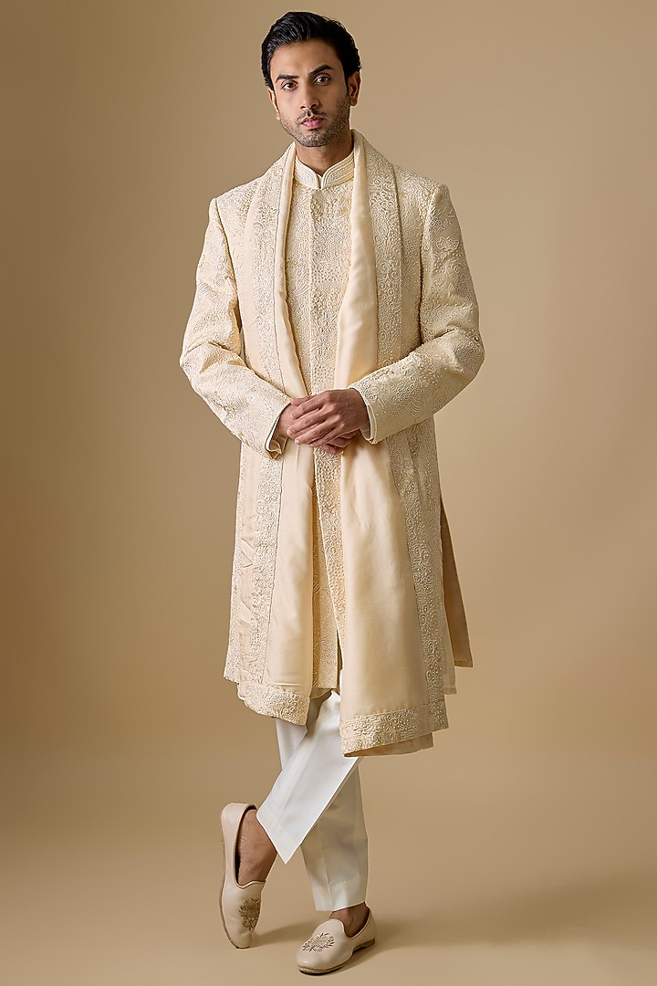 Beige Silk Sherwani Set by Nero by Shaifali & Satya