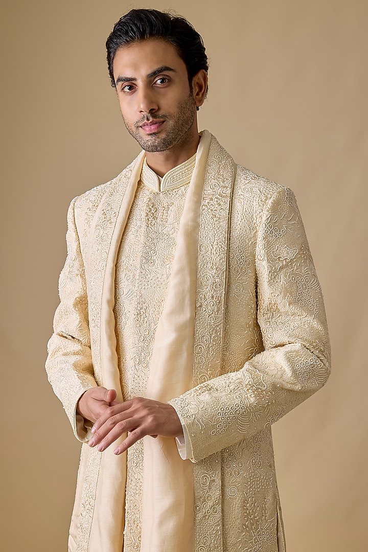 Beige Silk Groom Sherwani Set by Nero by Shaifali & Satya at Pernia's Pop Up Shop