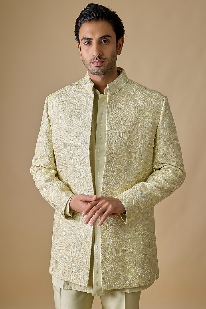 Mint Green Silk Wedding Indowestern Set by Nero by Shaifali & Satya at Pernia's Pop Up Shop