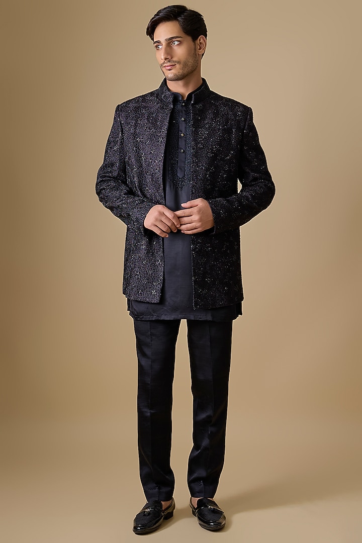 Black Silk Indowestern Set by Nero by Shaifali & Satya