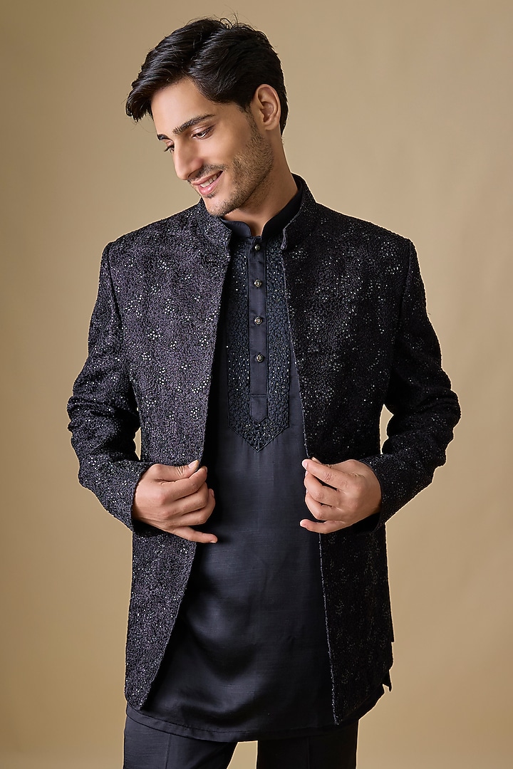 Black Silk Wedding Indowestern Set by Nero by Shaifali & Satya at Pernia's Pop Up Shop
