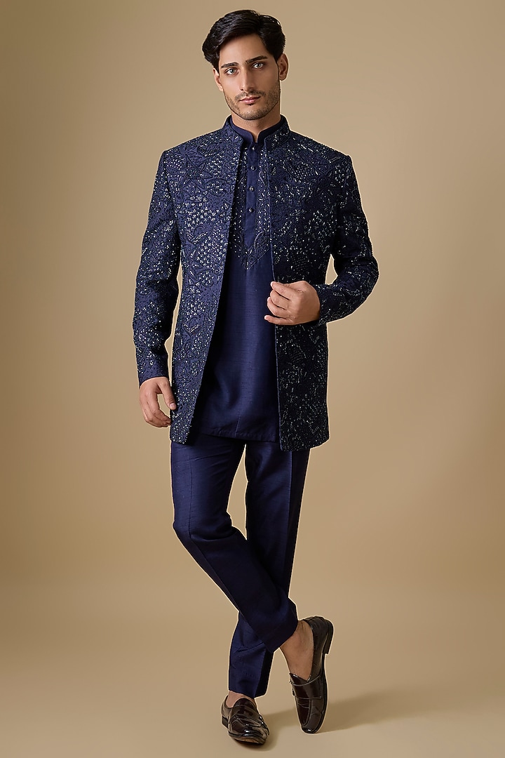 Blue Silk Indowestern Set by Nero by Shaifali & Satya