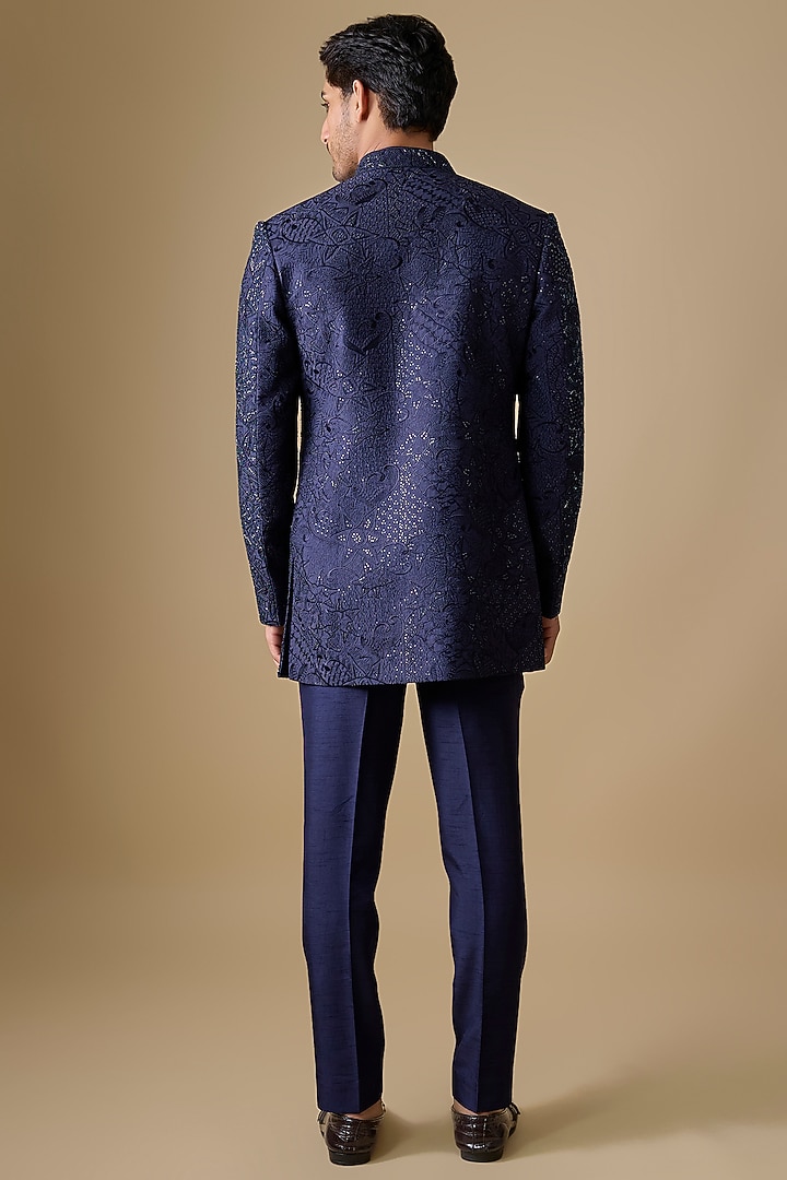 Blue Silk Wedding Indowestern Set by Nero by Shaifali & Satya at Pernia's Pop Up Shop
