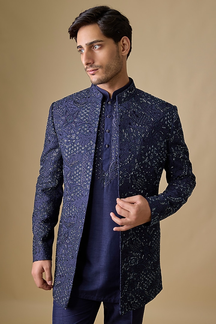Blue Silk Wedding Indowestern Set by Nero by Shaifali & Satya at Pernia's Pop Up Shop