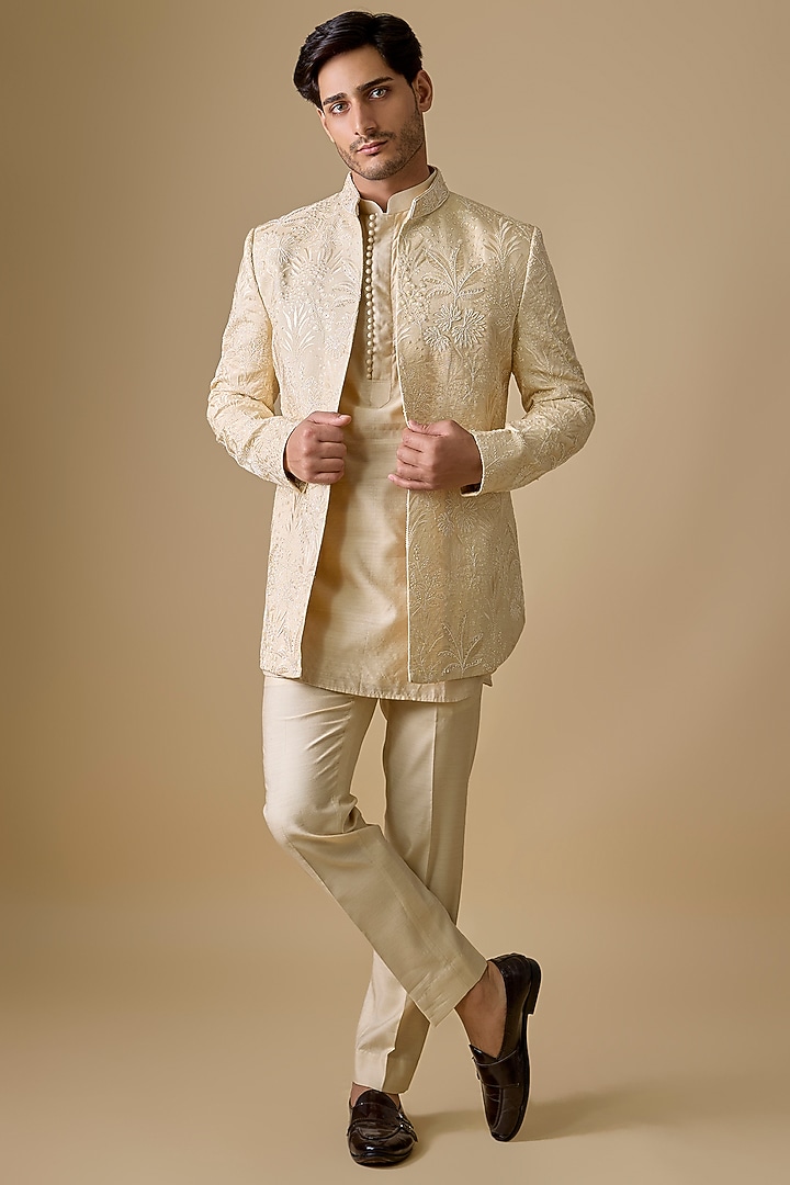 Beige Silk Indowestern Set by Nero by Shaifali & Satya