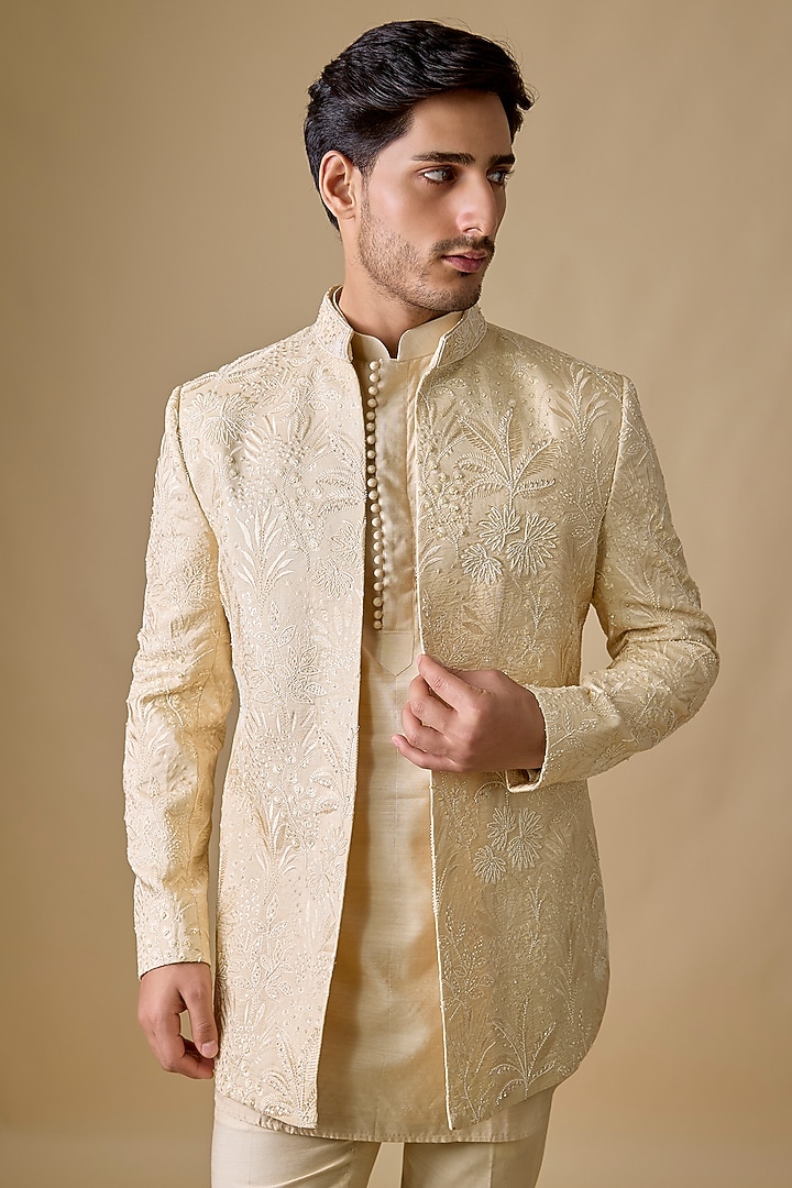 Beige Silk Wedding Indowestern Set by Nero by Shaifali & Satya at Pernia's Pop Up Shop