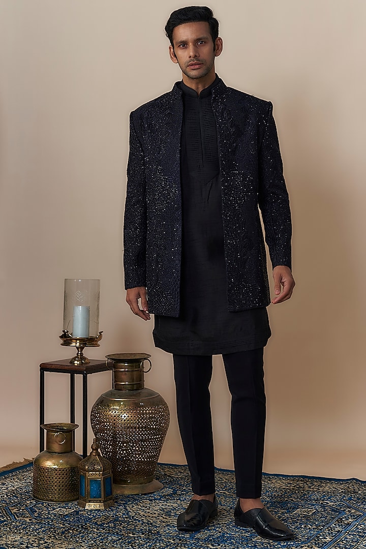 Black Lucknowi Hand Embroidered Indowestern Set by Nero By Shaifali & Satya