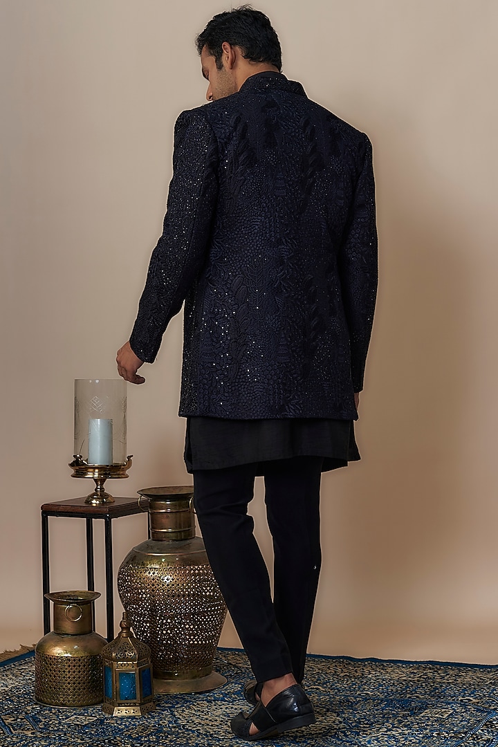 Black Lucknowi Hand Embroidered Wedding Indowestern Set by Nero by Shaifali & Satya at Pernia's Pop Up Shop