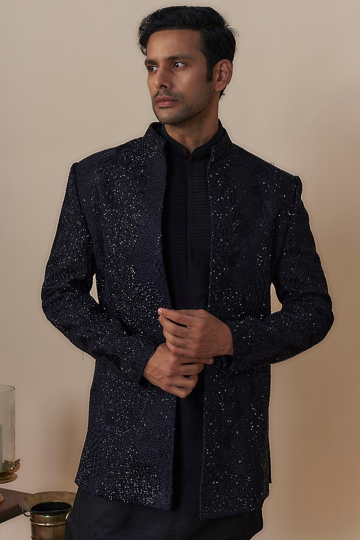 Black Lucknowi Hand Embroidered Wedding Indowestern Set by Nero by Shaifali & Satya at Pernia's Pop Up Shop