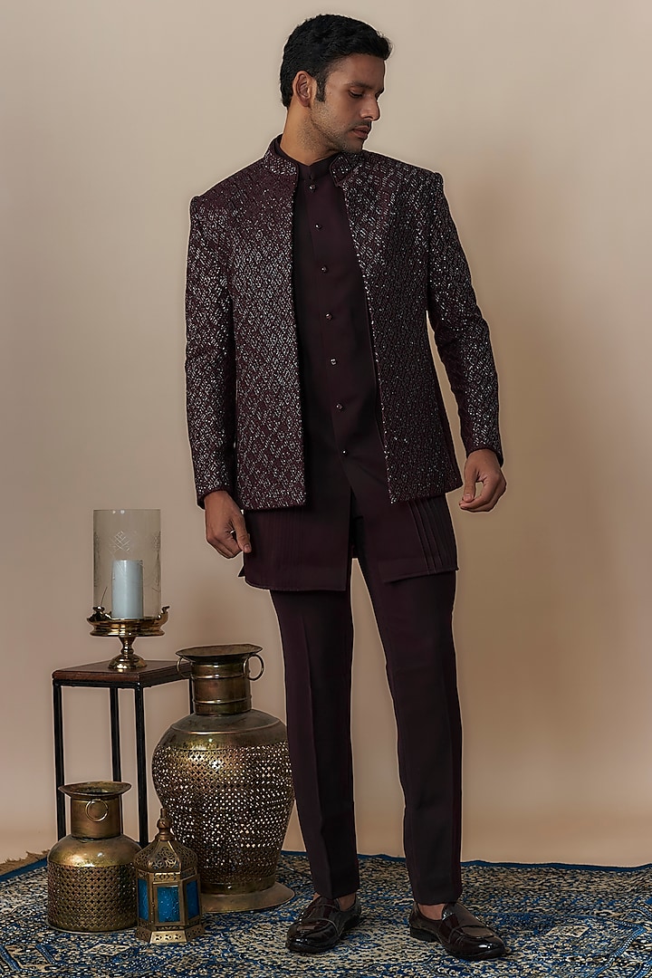 Wine Lucknowi Hand Work Indowestern Set by Nero By Shaifali & Satya