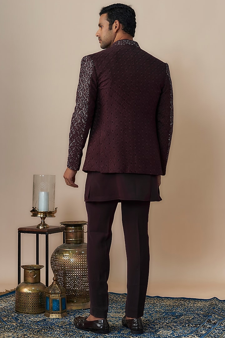 Wine Lucknowi Hand Work Wedding Indowestern Set by Nero by Shaifali & Satya at Pernia's Pop Up Shop