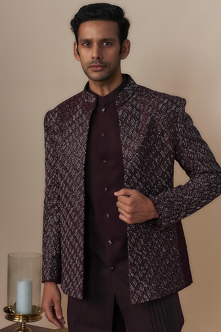 Wine Lucknowi Hand Work Wedding Indowestern Set by Nero by Shaifali & Satya at Pernia's Pop Up Shop