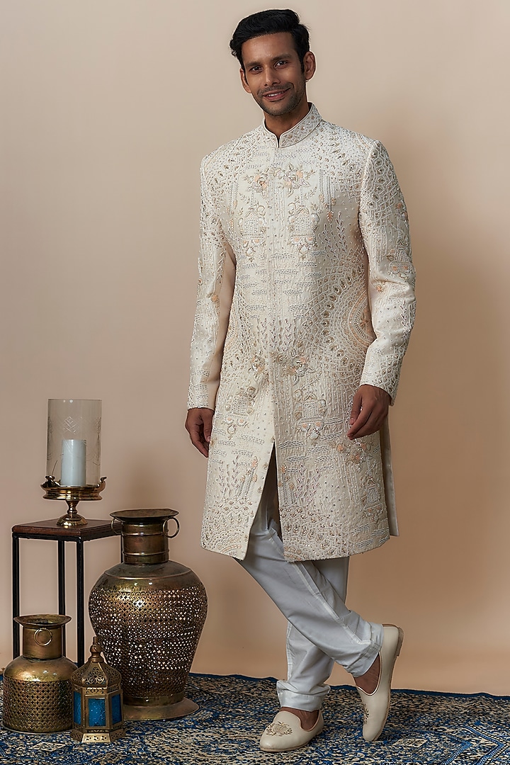 Beige Silk Hand Embroidered Sherwani Set by Nero By Shaifali & Satya