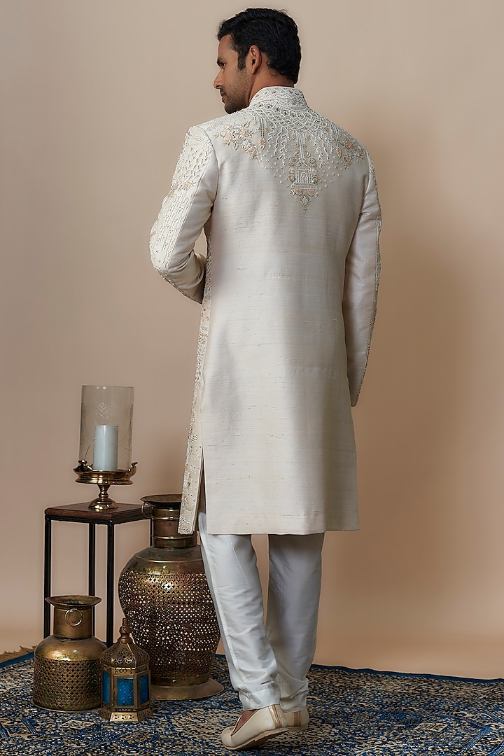 Beige Silk Hand Embroidered Groom Sherwani Set by Nero by Shaifali & Satya at Pernia's Pop Up Shop