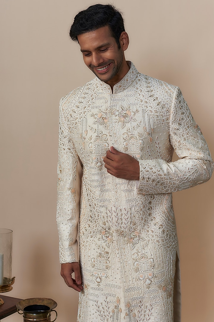 Beige Silk Hand Embroidered Groom Sherwani Set by Nero by Shaifali & Satya at Pernia's Pop Up Shop