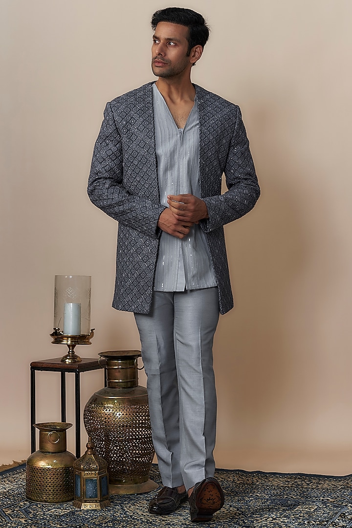 Grey Lucknowi Hand Work Jacket Set by Nero By Shaifali & Satya