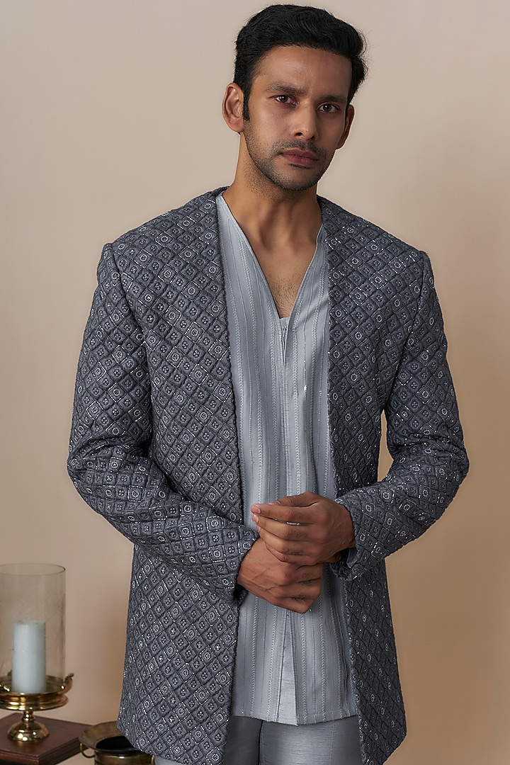 Grey Lucknowi Hand Work Jacket Set by Nero by Shaifali & Satya at Pernia's Pop Up Shop